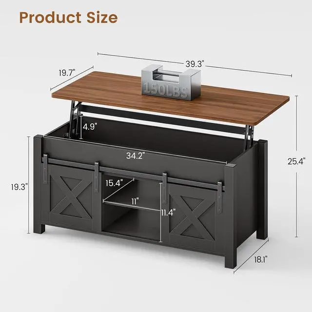 Alt view image 2 of 7 - Lift Top Coffee Table, Farmhouse Lift Tabletop Dining Table, Gas Spring, Hidden Compartment, Open Storage Shelf, for Living Room, Black Brown