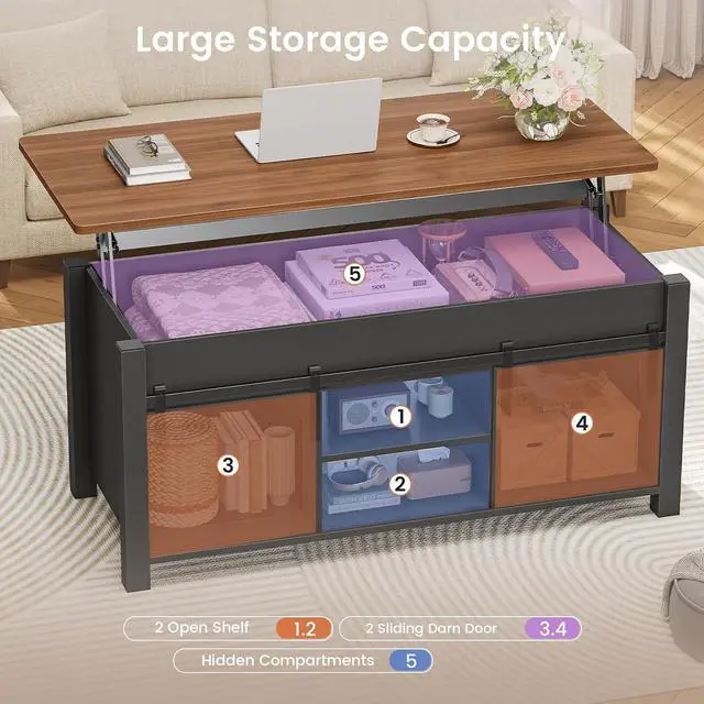Alt view image 3 of 7 - Lift Top Coffee Table, Farmhouse Lift Tabletop Dining Table, Gas Spring, Hidden Compartment, Open Storage Shelf, for Living Room, Black Brown