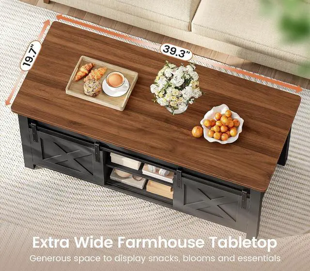 Alt view image 4 of 7 - Lift Top Coffee Table, Farmhouse Lift Tabletop Dining Table, Gas Spring, Hidden Compartment, Open Storage Shelf, for Living Room, Black Brown