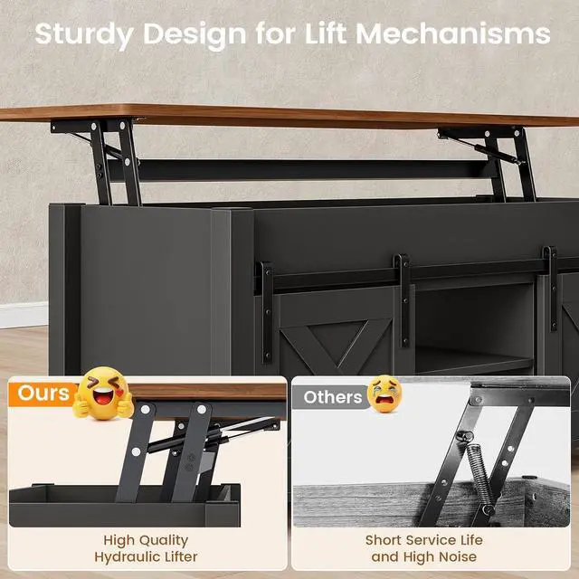 Alt view image 6 of 7 - Lift Top Coffee Table, Farmhouse Lift Tabletop Dining Table, Gas Spring, Hidden Compartment, Open Storage Shelf, for Living Room, Black Brown