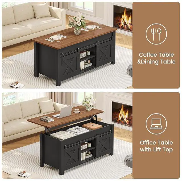 Alt view image 7 of 7 - Lift Top Coffee Table, Farmhouse Lift Tabletop Dining Table, Gas Spring, Hidden Compartment, Open Storage Shelf, for Living Room, Black Brown