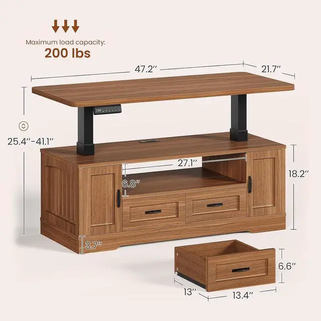 Alt view image 2 of 7 - 47.2" Farmhouse Electric Standing Coffee Table with Storage, Lift Top Coffee Table with Drawers & Open Shelves, Height Adjustable Table with Power Outlet, for Living Room, Brown