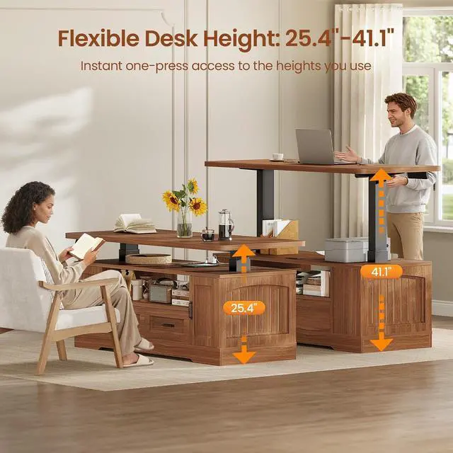 Alt view image 3 of 7 - 47.2" Farmhouse Electric Standing Coffee Table with Storage, Lift Top Coffee Table with Drawers & Open Shelves, Height Adjustable Table with Power Outlet, for Living Room, Brown