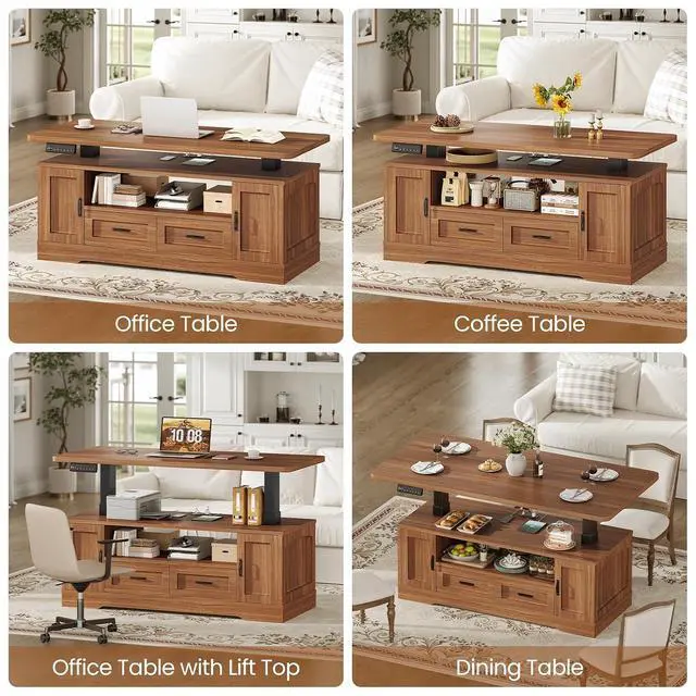 Alt view image 4 of 7 - 47.2" Farmhouse Electric Standing Coffee Table with Storage, Lift Top Coffee Table with Drawers & Open Shelves, Height Adjustable Table with Power Outlet, for Living Room, Brown