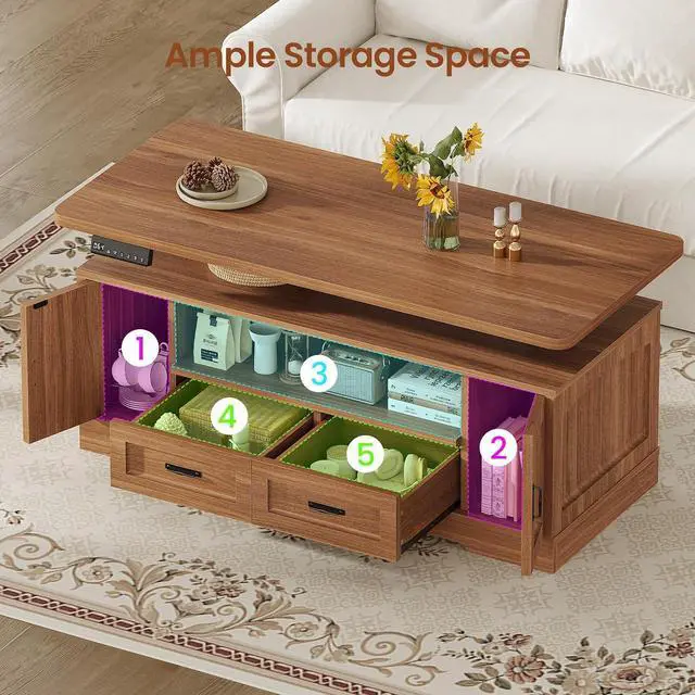Alt view image 5 of 7 - 47.2" Farmhouse Electric Standing Coffee Table with Storage, Lift Top Coffee Table with Drawers & Open Shelves, Height Adjustable Table with Power Outlet, for Living Room, Brown