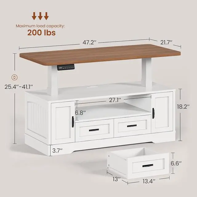 Alt view image 2 of 7 - 47.2" Electric Lift Top Coffee Table with Storage, Farmhouse Coffee Table with Drawers and Open Shelves, Height Adjustable Tables with Power Outlet, for Living Room, White