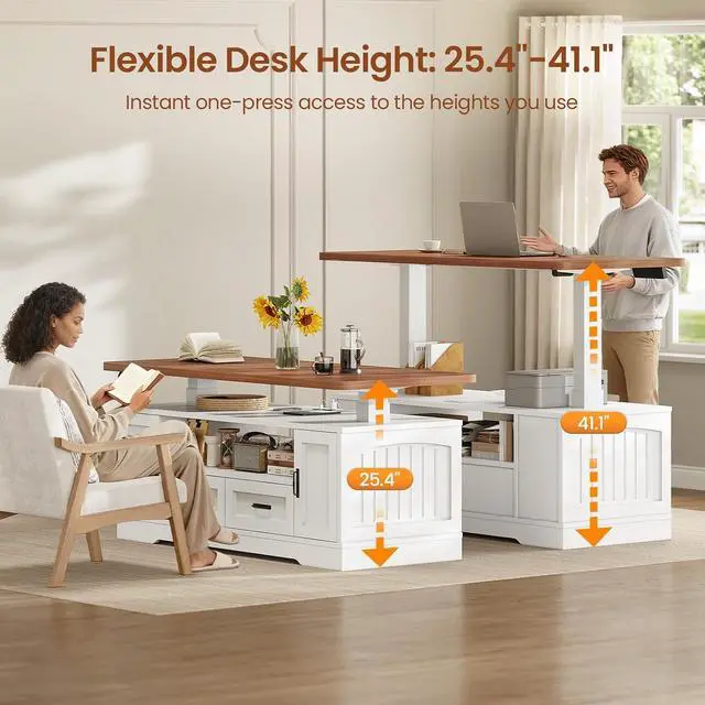 Alt view image 3 of 7 - 47.2" Electric Lift Top Coffee Table with Storage, Farmhouse Coffee Table with Drawers and Open Shelves, Height Adjustable Tables with Power Outlet, for Living Room, White