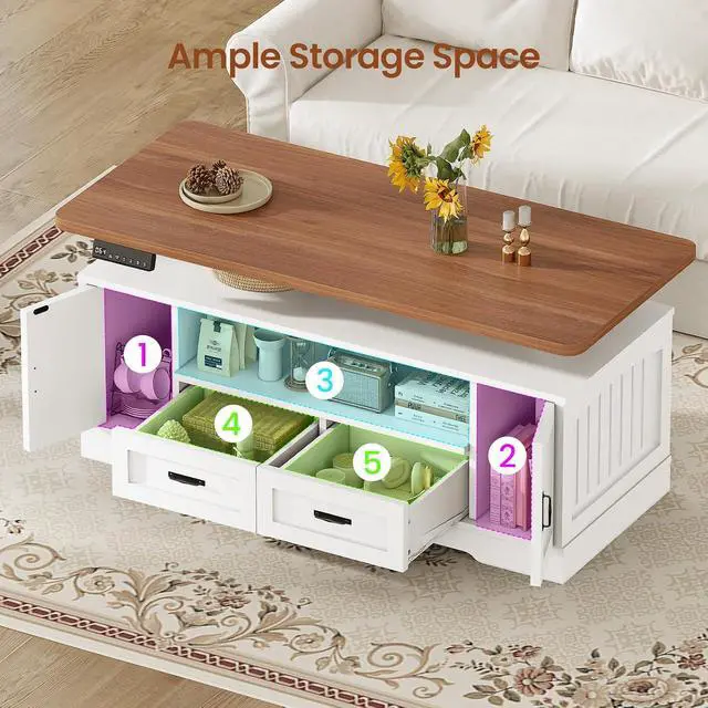 Alt view image 5 of 7 - 47.2" Electric Lift Top Coffee Table with Storage, Farmhouse Coffee Table with Drawers and Open Shelves, Height Adjustable Tables with Power Outlet, for Living Room, White