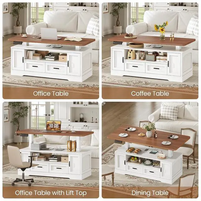 Alt view image 4 of 7 - 47.2" Electric Lift Top Coffee Table with Storage, Farmhouse Coffee Table with Drawers and Open Shelves, Height Adjustable Tables with Power Outlet, for Living Room, White