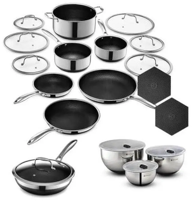 Main image of Hybrid Nonstick 19-Piece Cookware Set, 2, 3, and 8Qt Pots with Lids, 2 Silicone Trivets, 8", 10", and 12" Pans with Lids, 3-Piece Mixing Bowl Set, and 14" Wok with Lid, Stay-Cool Handles