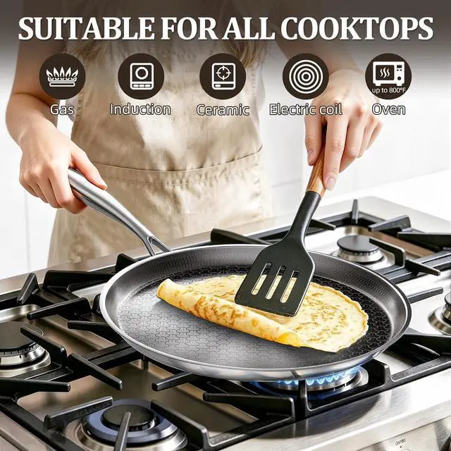 Alt view image 5 of 7 - Stainless Steel Crepe Pan, 11 Inch Nonstick Griddle Pan, 5 Layer Non Stick Coating Pancake Pan, Frying Pan,Omelet Pan with All Stove Tops Available