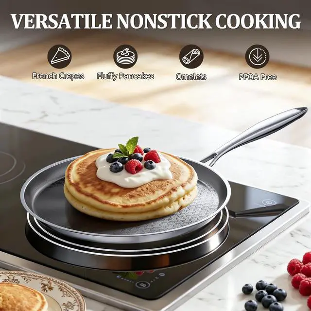 Alt view image 6 of 7 - Stainless Steel Crepe Pan, 11 Inch Nonstick Griddle Pan, 5 Layer Non Stick Coating Pancake Pan, Frying Pan,Omelet Pan with All Stove Tops Available