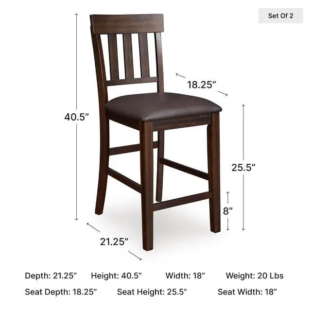 Alt view image 3 of 6 - Haddigan Upholstered Barstool, 2 Count, Slat Back Design, Cushioned Seat, Wood, 25.5" H, Dark Brown