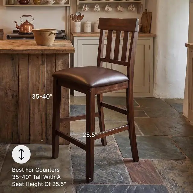 Alt view image 4 of 6 - Haddigan Upholstered Barstool, 2 Count, Slat Back Design, Cushioned Seat, Wood, 25.5" H, Dark Brown