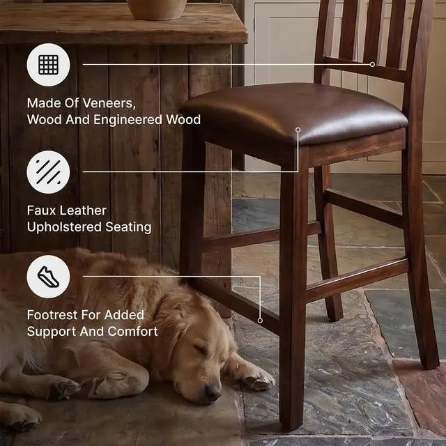 Alt view image 5 of 6 - Haddigan Upholstered Barstool, 2 Count, Slat Back Design, Cushioned Seat, Wood, 25.5" H, Dark Brown
