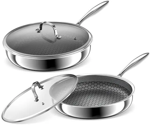 Main image of Hybrid Non Stick Frying Pans 2 Piece set, Stainless Steel Frying Pans with Tempered Glass Lid, 10" 12" 5 Ply Induction Cookware, Oven-Safe Up to 800°F, Compatible with All Cooktops
