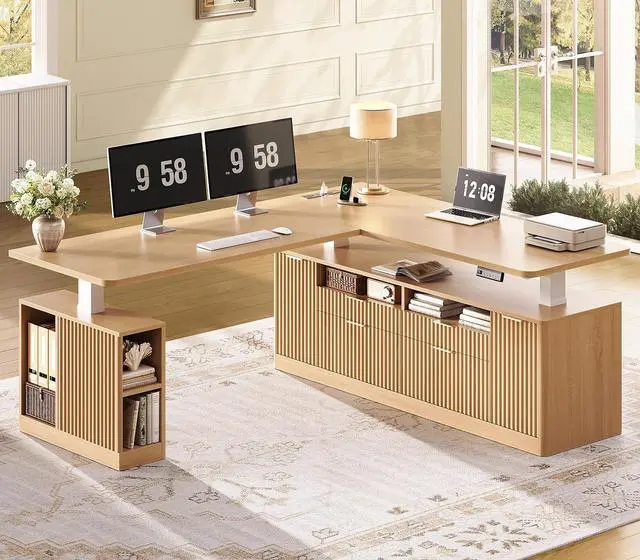 Main image of L Shaped Electric Standing Desk, 69" x 55"Height Adjustable Office Executive Desk with 4 Drawers and Storage Shelves, Fluted Sit Stand Computer Desk with Power Outlet for Home Office (Natural)