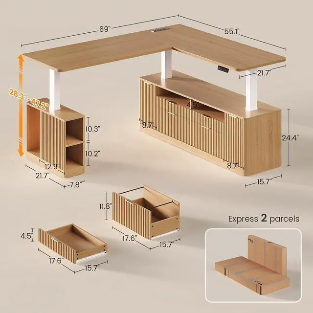 Alt view image 2 of 7 - L Shaped Electric Standing Desk, 69" x 55"Height Adjustable Office Executive Desk with 4 Drawers and Storage Shelves, Fluted Sit Stand Computer Desk with Power Outlet for Home Office (Natural)