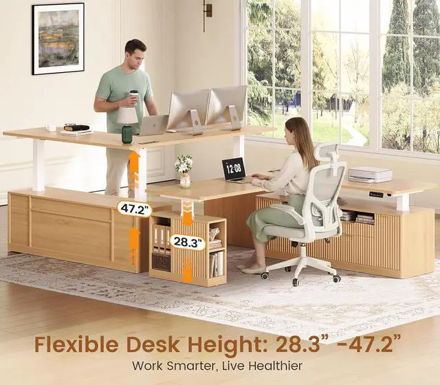 Alt view image 3 of 7 - L Shaped Electric Standing Desk, 69" x 55"Height Adjustable Office Executive Desk with 4 Drawers and Storage Shelves, Fluted Sit Stand Computer Desk with Power Outlet for Home Office (Natural)