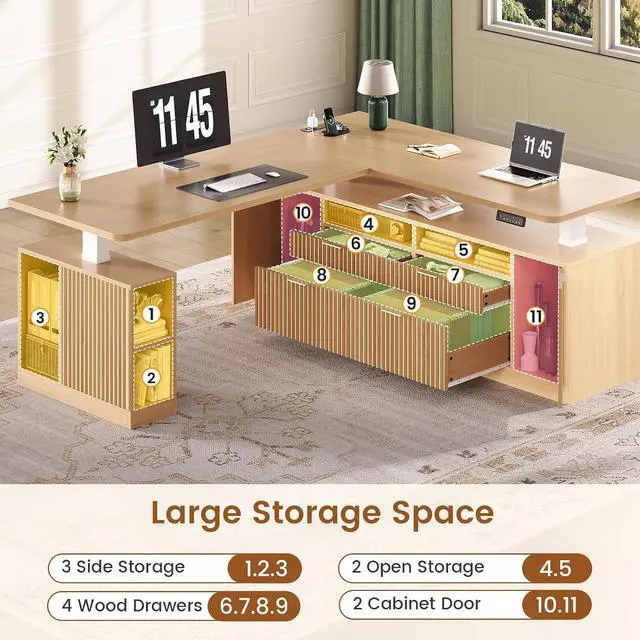 Alt view image 4 of 7 - L Shaped Electric Standing Desk, 69" x 55"Height Adjustable Office Executive Desk with 4 Drawers and Storage Shelves, Fluted Sit Stand Computer Desk with Power Outlet for Home Office (Natural)