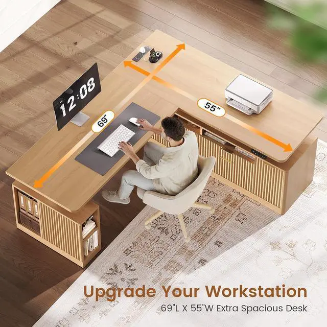 Alt view image 5 of 7 - L Shaped Electric Standing Desk, 69" x 55"Height Adjustable Office Executive Desk with 4 Drawers and Storage Shelves, Fluted Sit Stand Computer Desk with Power Outlet for Home Office (Natural)