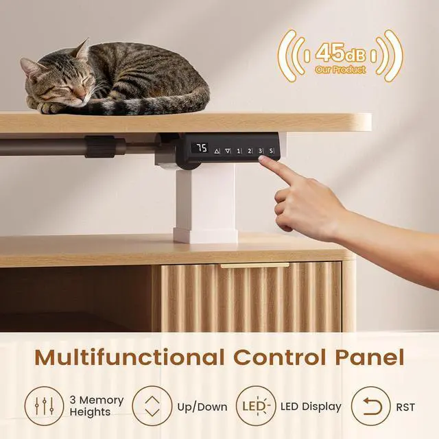 Alt view image 6 of 7 - L Shaped Electric Standing Desk, 69" x 55"Height Adjustable Office Executive Desk with 4 Drawers and Storage Shelves, Fluted Sit Stand Computer Desk with Power Outlet for Home Office (Natural)