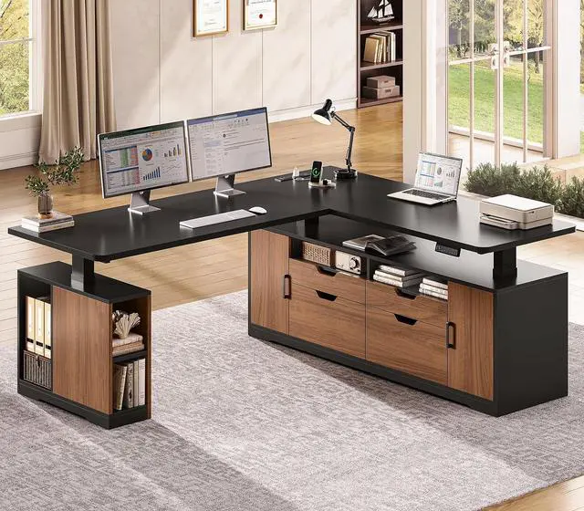 Main image of L Shaped Electric Standing Desk, 69" x 55" Height Adjustable Office Executive Desk with 4 Drawers and Storage Shelves, Fluted Sit Stand Computer Desk with Power Outlet (Modern Black+ Brown)