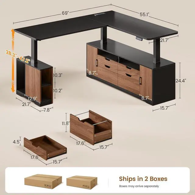 Alt view image 2 of 7 - L Shaped Electric Standing Desk, 69" x 55" Height Adjustable Office Executive Desk with 4 Drawers and Storage Shelves, Fluted Sit Stand Computer Desk with Power Outlet (Modern Black+ Brown)