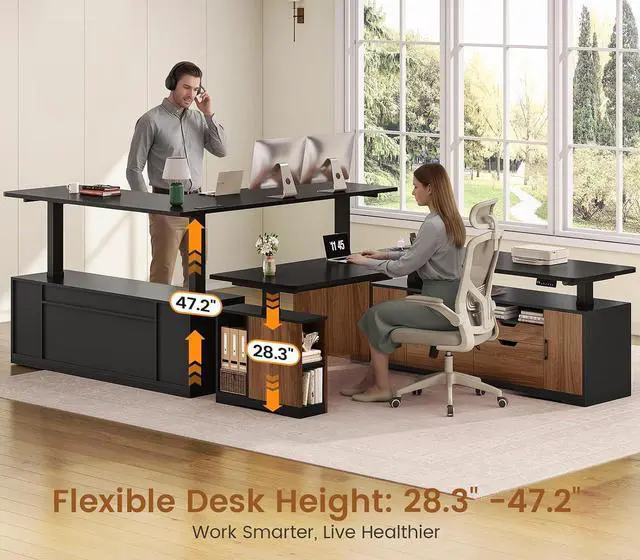 Alt view image 3 of 7 - L Shaped Electric Standing Desk, 69" x 55" Height Adjustable Office Executive Desk with 4 Drawers and Storage Shelves, Fluted Sit Stand Computer Desk with Power Outlet (Modern Black+ Brown)