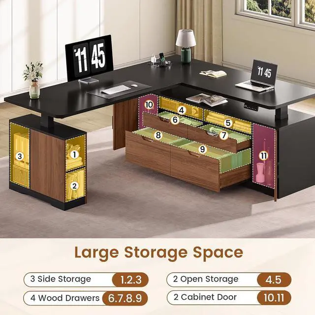 Alt view image 4 of 7 - L Shaped Electric Standing Desk, 69" x 55" Height Adjustable Office Executive Desk with 4 Drawers and Storage Shelves, Fluted Sit Stand Computer Desk with Power Outlet (Modern Black+ Brown)