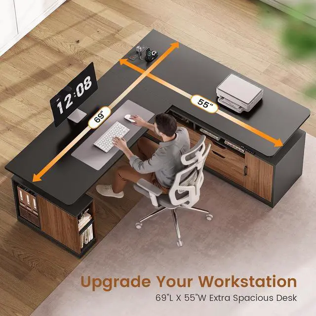 Alt view image 5 of 7 - L Shaped Electric Standing Desk, 69" x 55" Height Adjustable Office Executive Desk with 4 Drawers and Storage Shelves, Fluted Sit Stand Computer Desk with Power Outlet (Modern Black+ Brown)