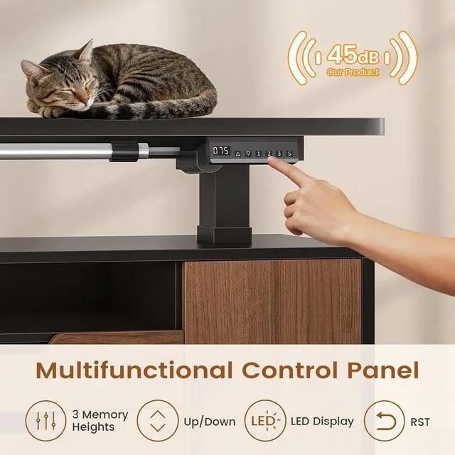 Alt view image 6 of 7 - L Shaped Electric Standing Desk, 69" x 55" Height Adjustable Office Executive Desk with 4 Drawers and Storage Shelves, Fluted Sit Stand Computer Desk with Power Outlet (Modern Black+ Brown)