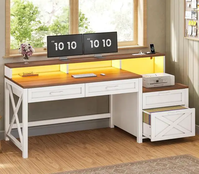 Main image of Farmhouse Home Office Desk with File Drawer & Power Outlet, Computer Desk with 4 Drawer, Storage Shelves, Printer Cabinet and Monitor Shelf, Gaming Desk with Led Lights, White Brown