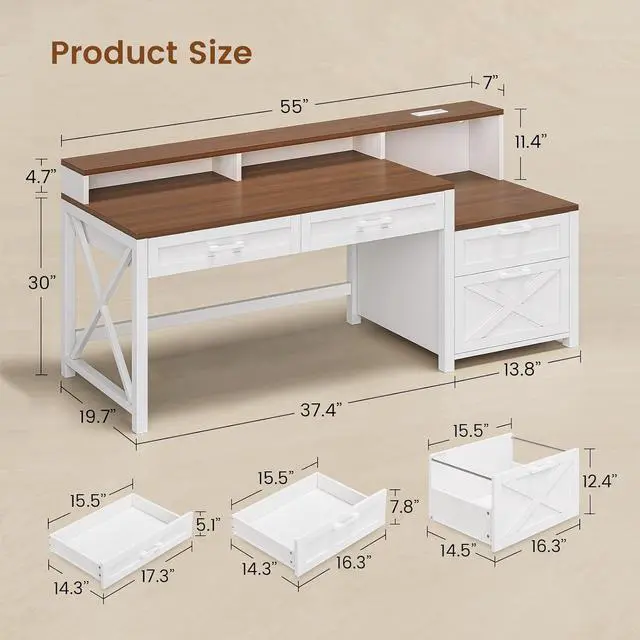 Alt view image 2 of 7 - Farmhouse Home Office Desk with File Drawer & Power Outlet, Computer Desk with 4 Drawer, Storage Shelves, Printer Cabinet and Monitor Shelf, Gaming Desk with Led Lights, White Brown