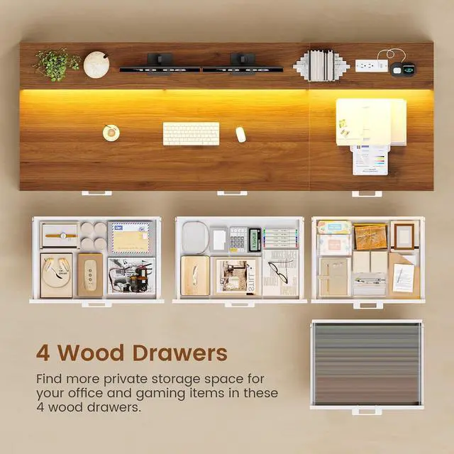 Alt view image 3 of 7 - Farmhouse Home Office Desk with File Drawer & Power Outlet, Computer Desk with 4 Drawer, Storage Shelves, Printer Cabinet and Monitor Shelf, Gaming Desk with Led Lights, White Brown