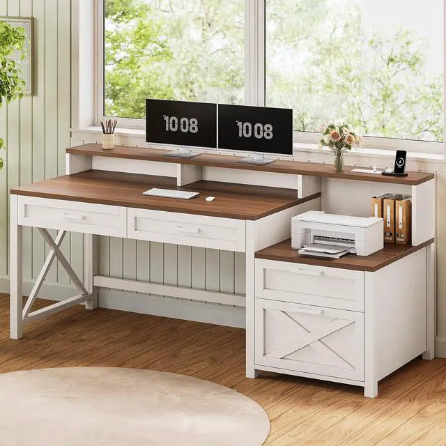 Alt view image 6 of 7 - Farmhouse Home Office Desk with File Drawer & Power Outlet, Computer Desk with 4 Drawer, Storage Shelves, Printer Cabinet and Monitor Shelf, Gaming Desk with Led Lights, White Brown