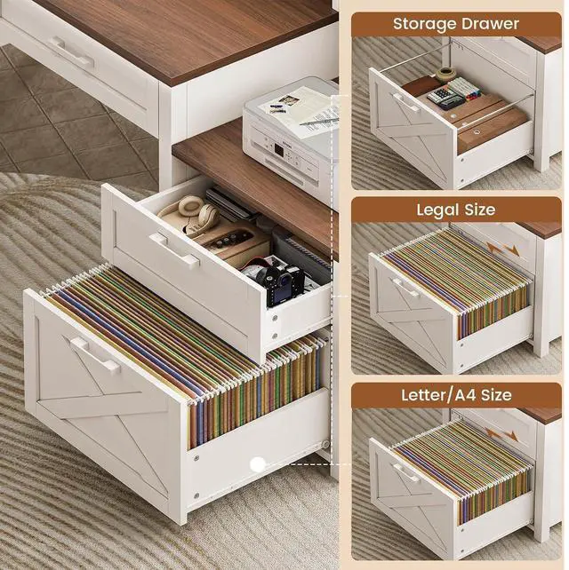 Alt view image 4 of 7 - Farmhouse Home Office Desk with File Drawer & Power Outlet, Computer Desk with 4 Drawer, Storage Shelves, Printer Cabinet and Monitor Shelf, Gaming Desk with Led Lights, White Brown