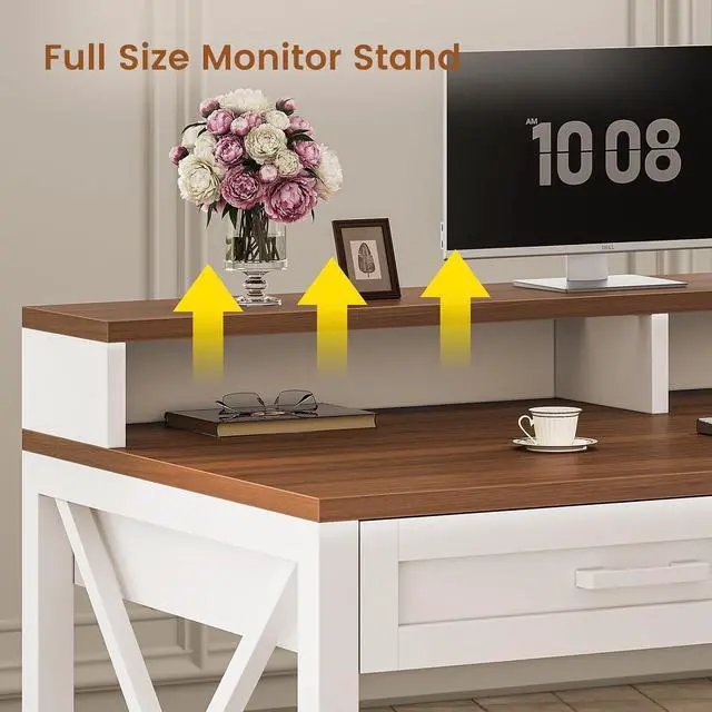 Alt view image 7 of 7 - Farmhouse Home Office Desk with File Drawer & Power Outlet, Computer Desk with 4 Drawer, Storage Shelves, Printer Cabinet and Monitor Shelf, Gaming Desk with Led Lights, White Brown