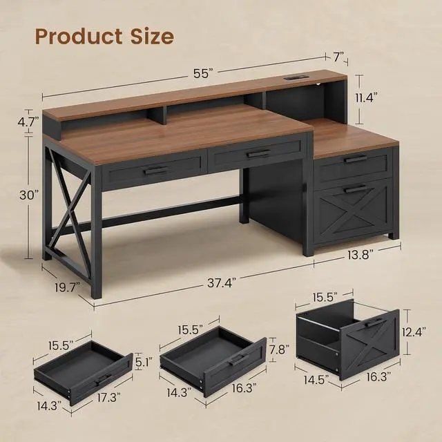 Alt view image 2 of 7 - Farmhouse Home Office Desk with File Drawer & Power Outlet, Computer Desk with 4 Drawer, Storage Shelves, Printer Cabinet and Monitor Shelf, Gaming Desk with Led Lights, Black Brown