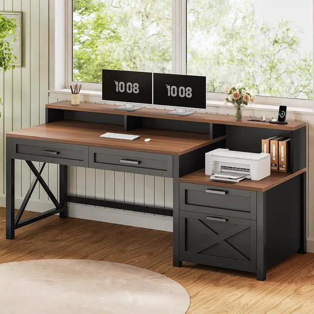 Alt view image 3 of 7 - Farmhouse Home Office Desk with File Drawer & Power Outlet, Computer Desk with 4 Drawer, Storage Shelves, Printer Cabinet and Monitor Shelf, Gaming Desk with Led Lights, Black Brown