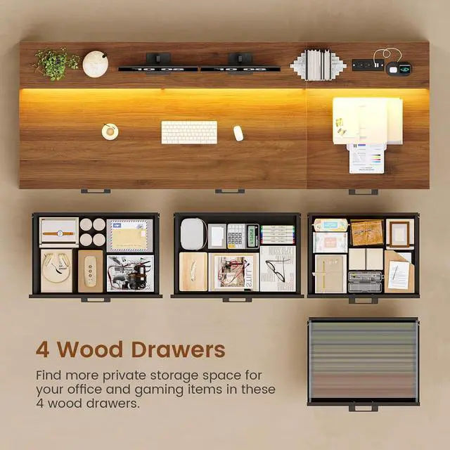 Alt view image 4 of 7 - Farmhouse Home Office Desk with File Drawer & Power Outlet, Computer Desk with 4 Drawer, Storage Shelves, Printer Cabinet and Monitor Shelf, Gaming Desk with Led Lights, Black Brown