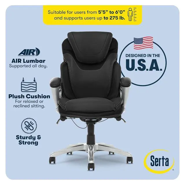 Alt view image 5 of 7 - Bryce Executive Office Chair - Ergonomic Computer DeskChair with Lumbar Technology - Adjustable Height - Memory Foam Body Pillows - 360° Swivel Rolling Base - Bonded Leather - Black