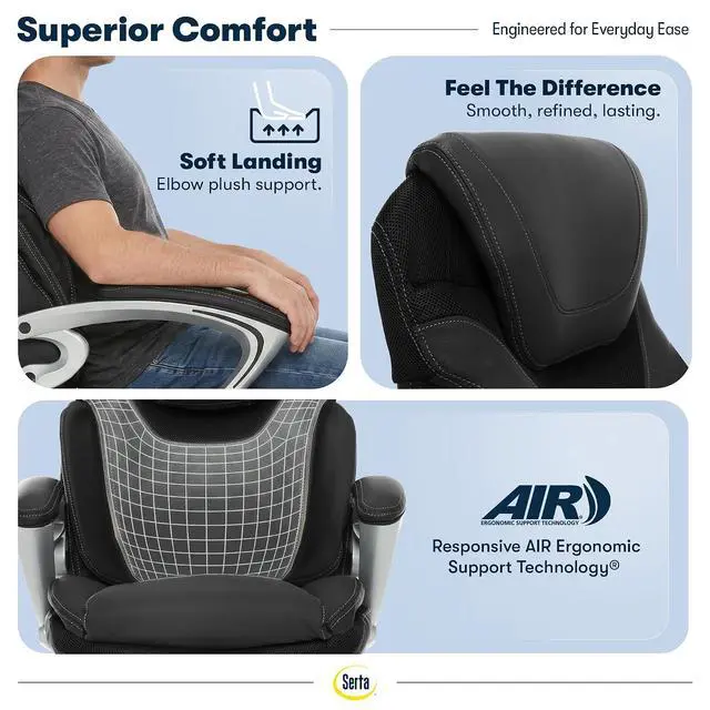 Alt view image 6 of 7 - Bryce Executive Office Chair - Ergonomic Computer DeskChair with Lumbar Technology - Adjustable Height - Memory Foam Body Pillows - 360° Swivel Rolling Base - Bonded Leather - Black