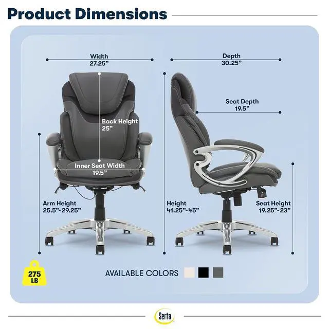 Alt view image 2 of 7 - Bryce Executive Office Chair - Ergonomic Computer Desk Chair with Patented AIR Lumbar Technology - Adjustable Height - Memory Foam Body Pillows - 360° Swivel Rolling Base - Bonded Leather - Gray