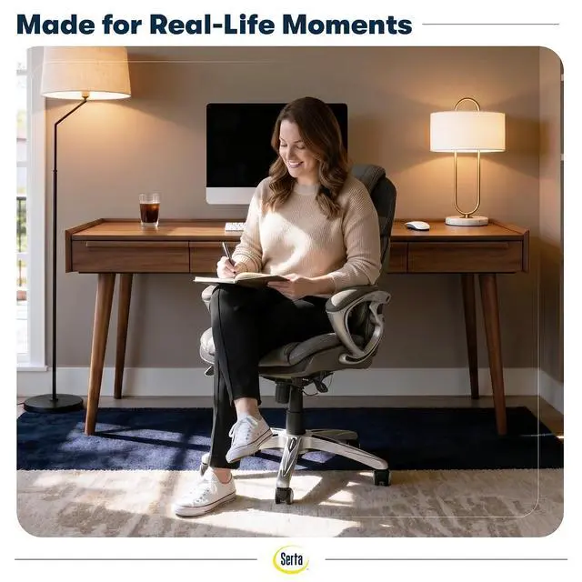 Alt view image 3 of 7 - Bryce Executive Office Chair - Ergonomic Computer Desk Chair with Patented AIR Lumbar Technology - Adjustable Height - Memory Foam Body Pillows - 360° Swivel Rolling Base - Bonded Leather - Gray