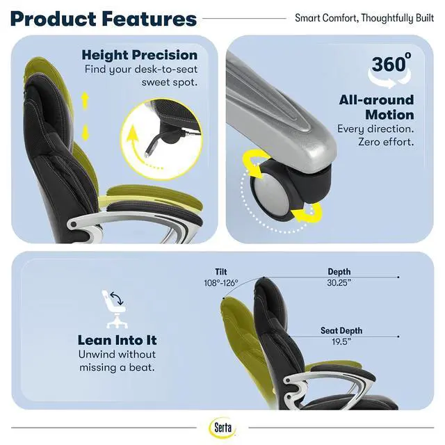 Alt view image 7 of 7 - Bryce Executive Office Chair - Ergonomic Computer DeskChair with Lumbar Technology - Adjustable Height - Memory Foam Body Pillows - 360° Swivel Rolling Base - Bonded Leather - Black