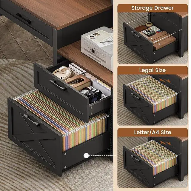 Alt view image 5 of 7 - Farmhouse Home Office Desk with File Drawer & Power Outlet, Computer Desk with 4 Drawer, Storage Shelves, Printer Cabinet and Monitor Shelf, Gaming Desk with Led Lights, Black Brown