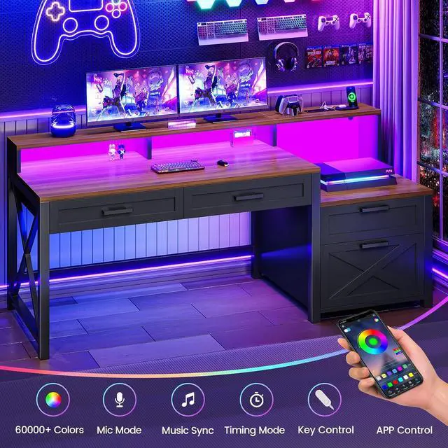 Alt view image 7 of 7 - Farmhouse Home Office Desk with File Drawer & Power Outlet, Computer Desk with 4 Drawer, Storage Shelves, Printer Cabinet and Monitor Shelf, Gaming Desk with Led Lights, Black Brown