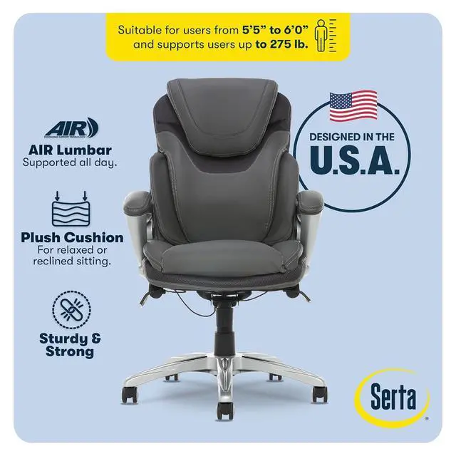 Alt view image 4 of 7 - Bryce Executive Office Chair - Ergonomic Computer Desk Chair with Patented AIR Lumbar Technology - Adjustable Height - Memory Foam Body Pillows - 360° Swivel Rolling Base - Bonded Leather - Gray