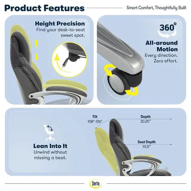 Alt view image 6 of 7 - Bryce Executive Office Chair - Ergonomic Computer Desk Chair with Patented AIR Lumbar Technology - Adjustable Height - Memory Foam Body Pillows - 360° Swivel Rolling Base - Bonded Leather - Gray